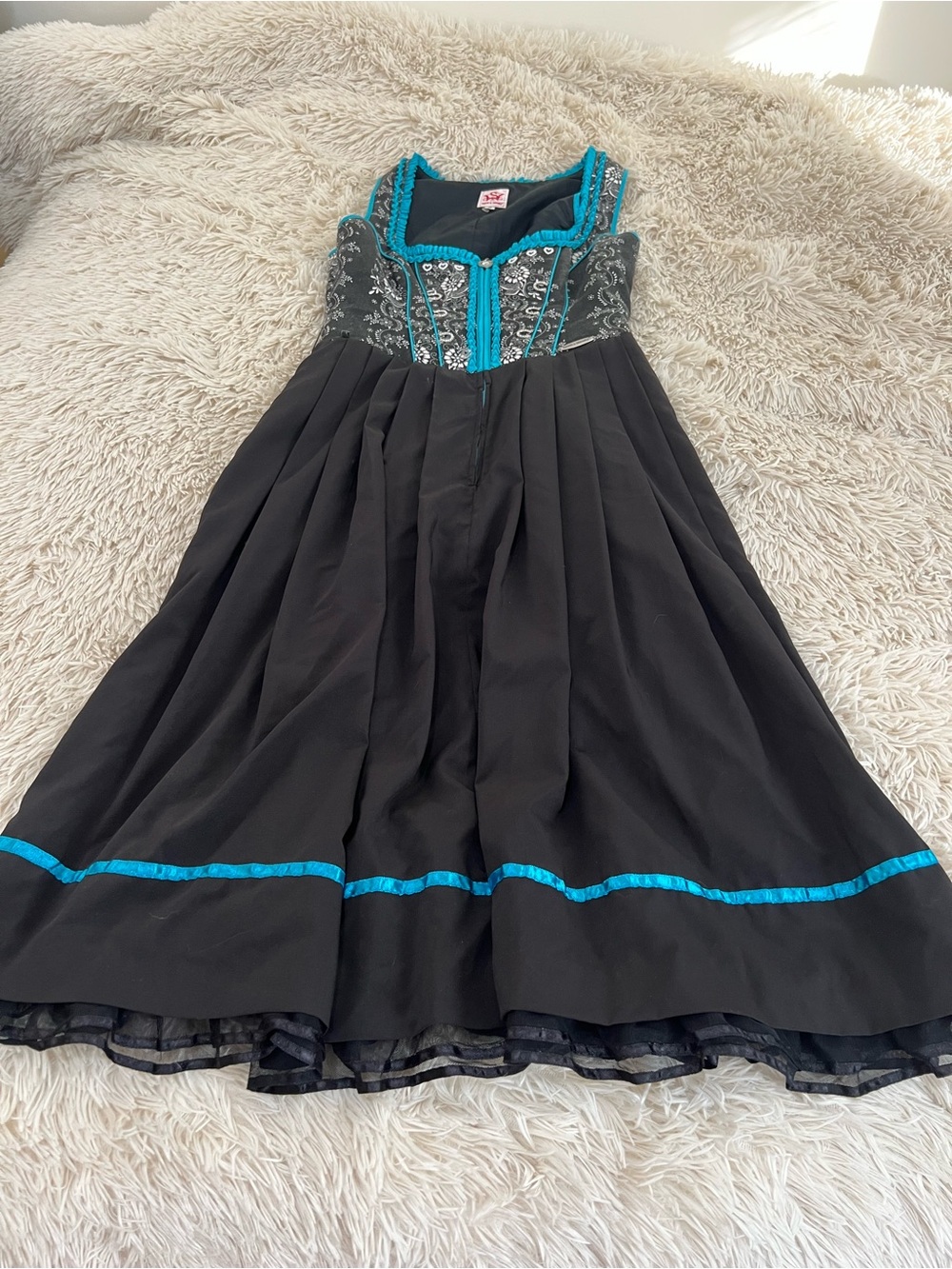 Black Midi Dress with Teal Trim — Sleeveless A-Line